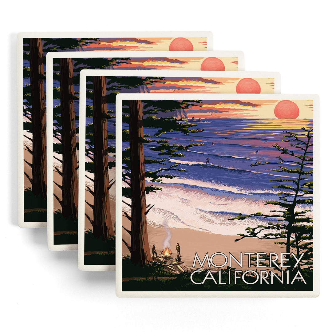 Monterey, California, Sunset & Beach, Lantern Press Artwork, Coaster Set Coasters Lantern Press 