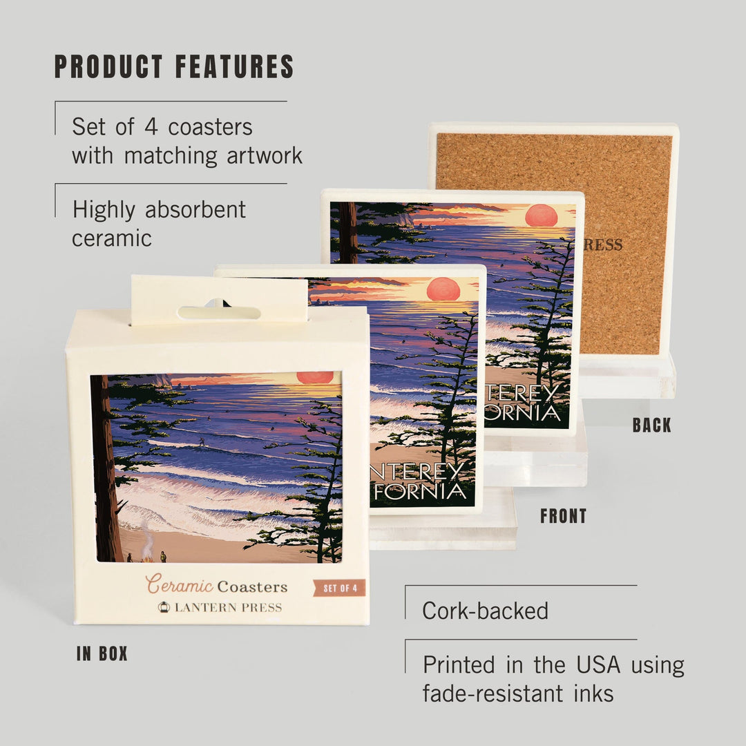 Monterey, California, Sunset & Beach, Lantern Press Artwork, Coaster Set Coasters Lantern Press 