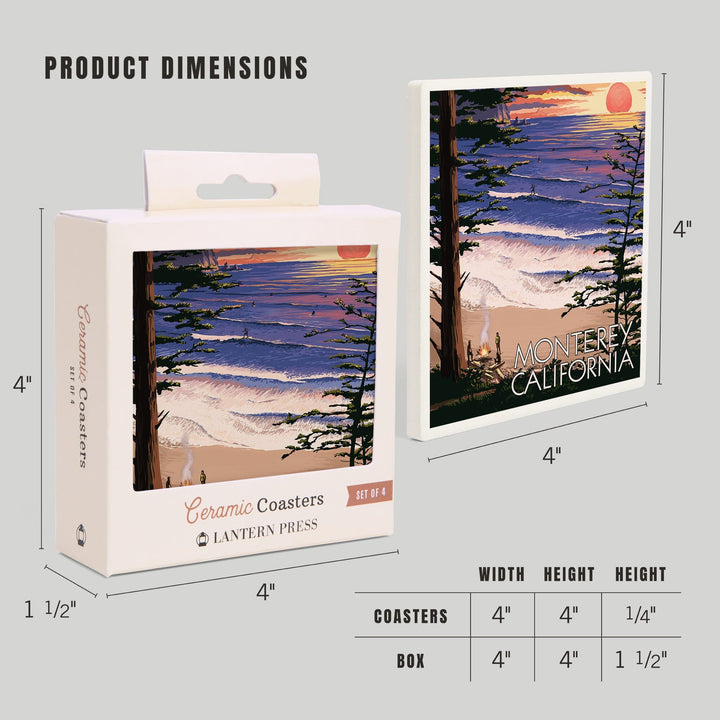 Monterey, California, Sunset & Beach, Lantern Press Artwork, Coaster Set Coasters Lantern Press 