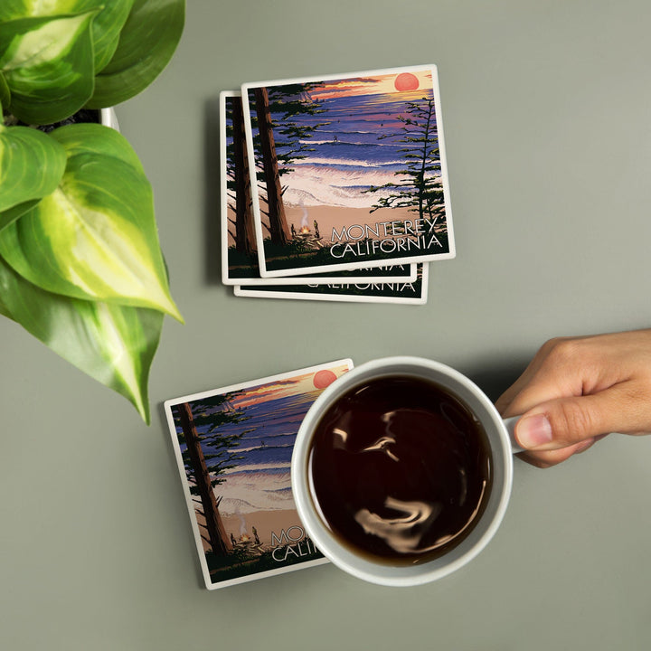 Monterey, California, Sunset & Beach, Lantern Press Artwork, Coaster Set Coasters Lantern Press 