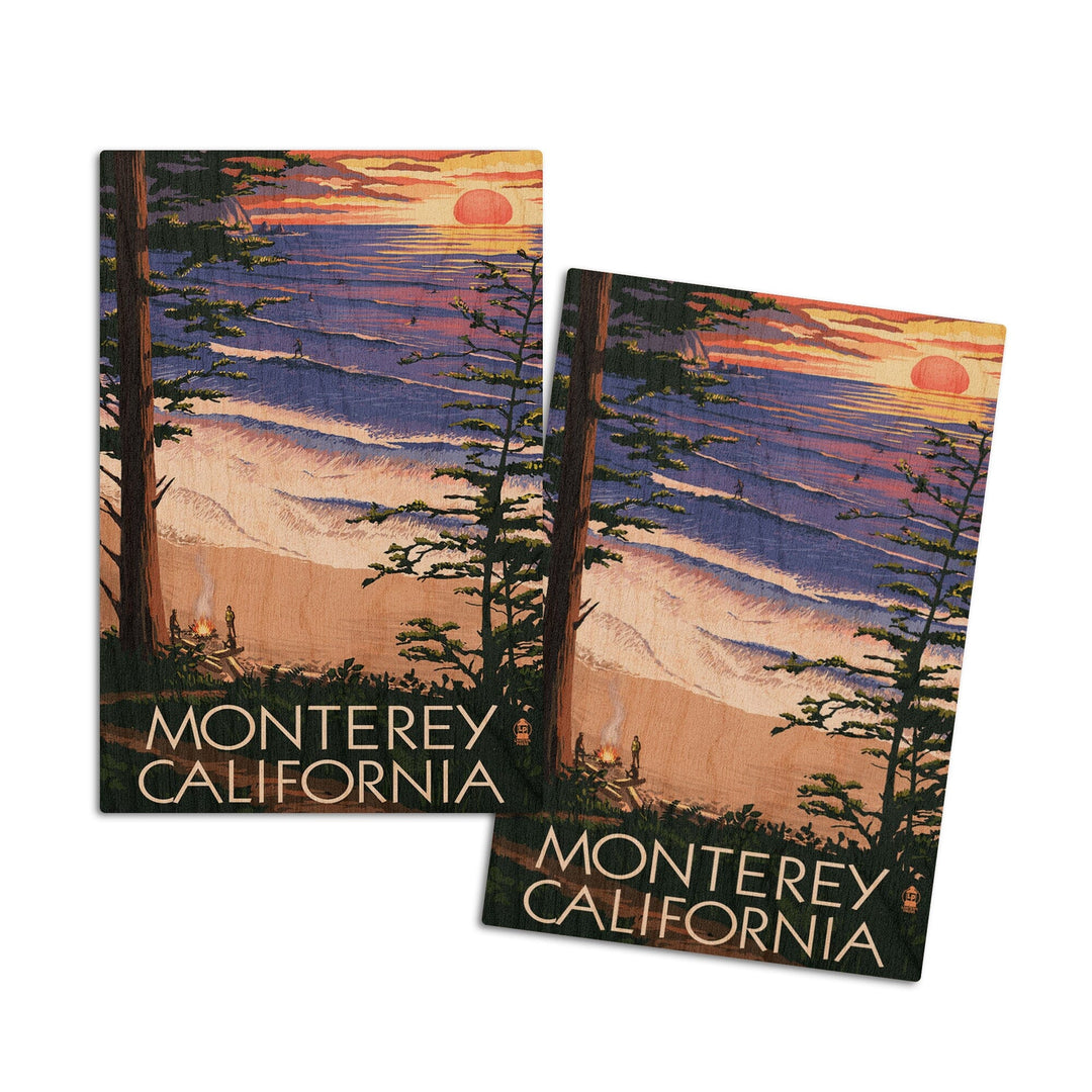 Monterey, California, Sunset & Beach, Lantern Press Artwork, Wood Signs and Postcards Wood Lantern Press 4x6 Wood Postcard Set 