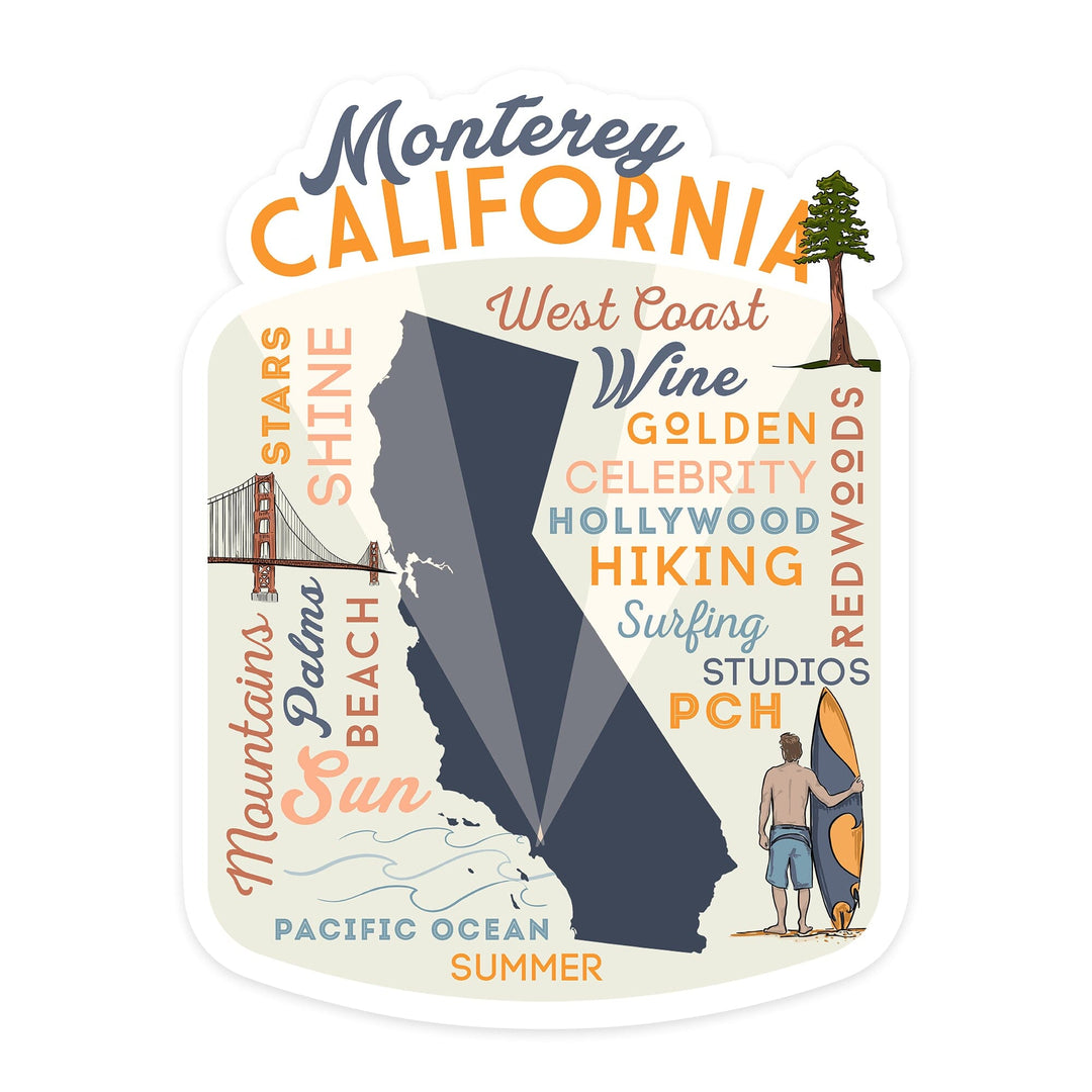 Monterey, California, Typography & Icons, Contour, Lantern Press Artwork, Vinyl Sticker Sticker Lantern Press 