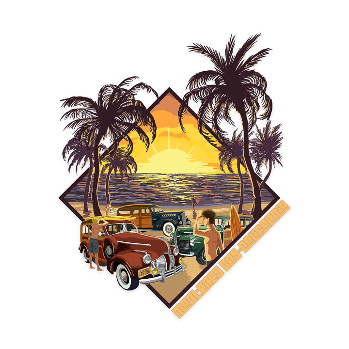 Monterey, California, Woodies on Beach, Contour, Vinyl Sticker Sticker Lantern Press 