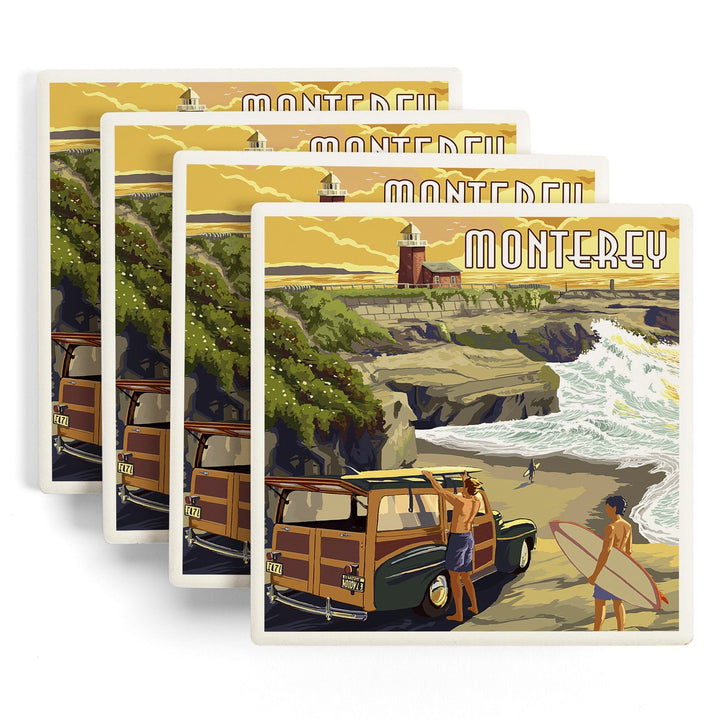 Monterey, California, Woody on Beach, Lantern Press Artwork, Coaster Set Coasters Lantern Press 