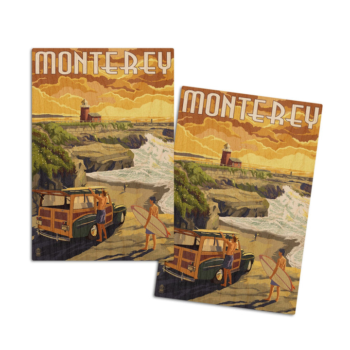 Monterey, California, Woody on Beach, Lantern Press Artwork, Wood Signs and Postcards Wood Lantern Press 4x6 Wood Postcard Set 
