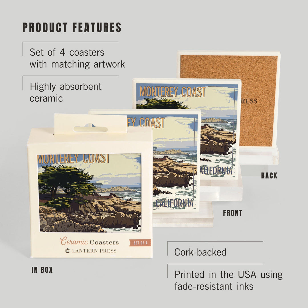Monterey Coast, California, View of Cypress Trees, Coasters Coasters Lantern Press 