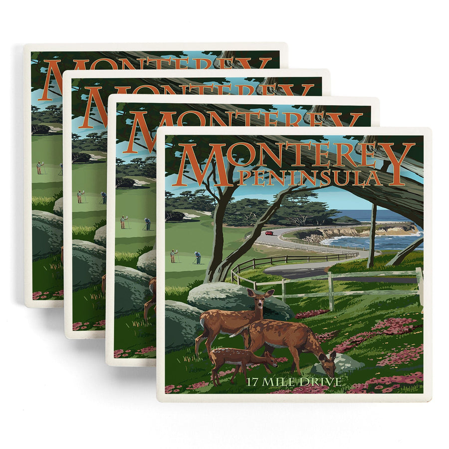 Monterey Peninsula, California, 17 Mile Drive, Lantern Press Artwork, Coaster Set Coasters Lantern Press 