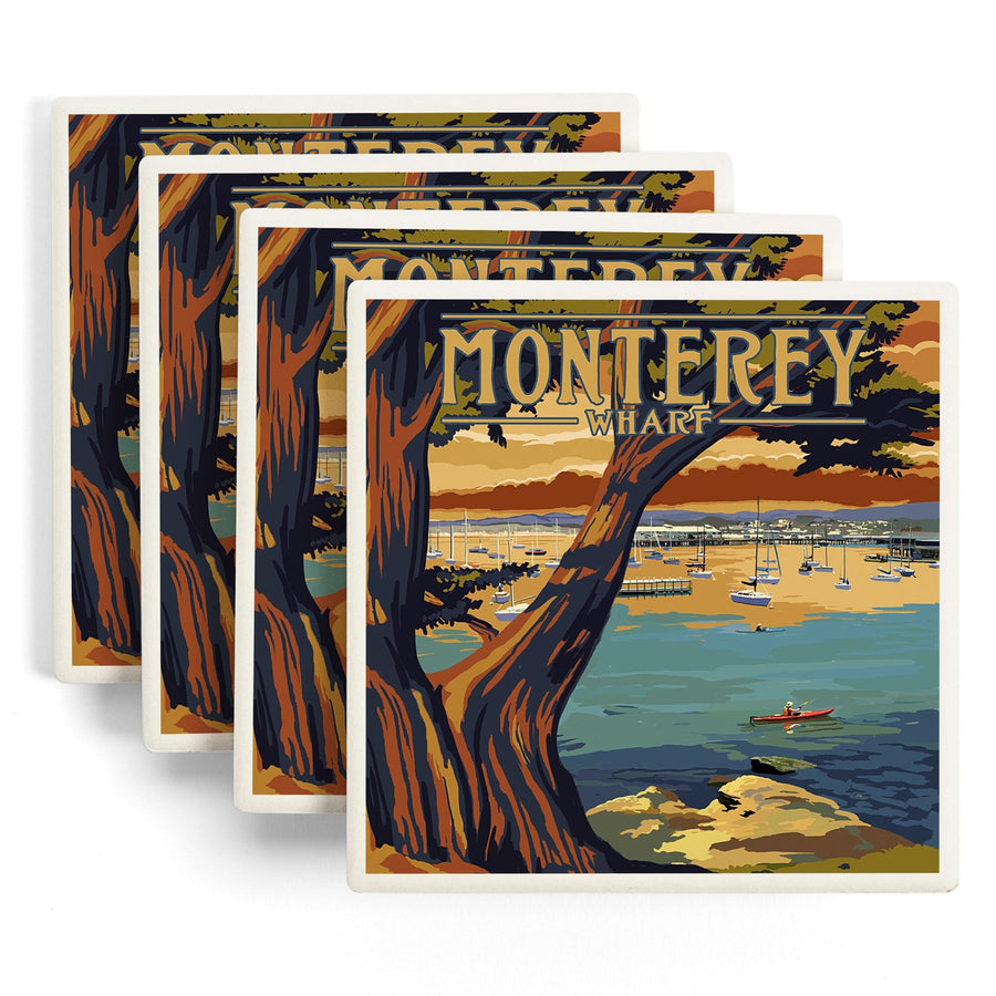 Monterey Wharf, California, Coastal Scene, Lantern Press Artwork, Coaster Set Coasters Lantern Press 