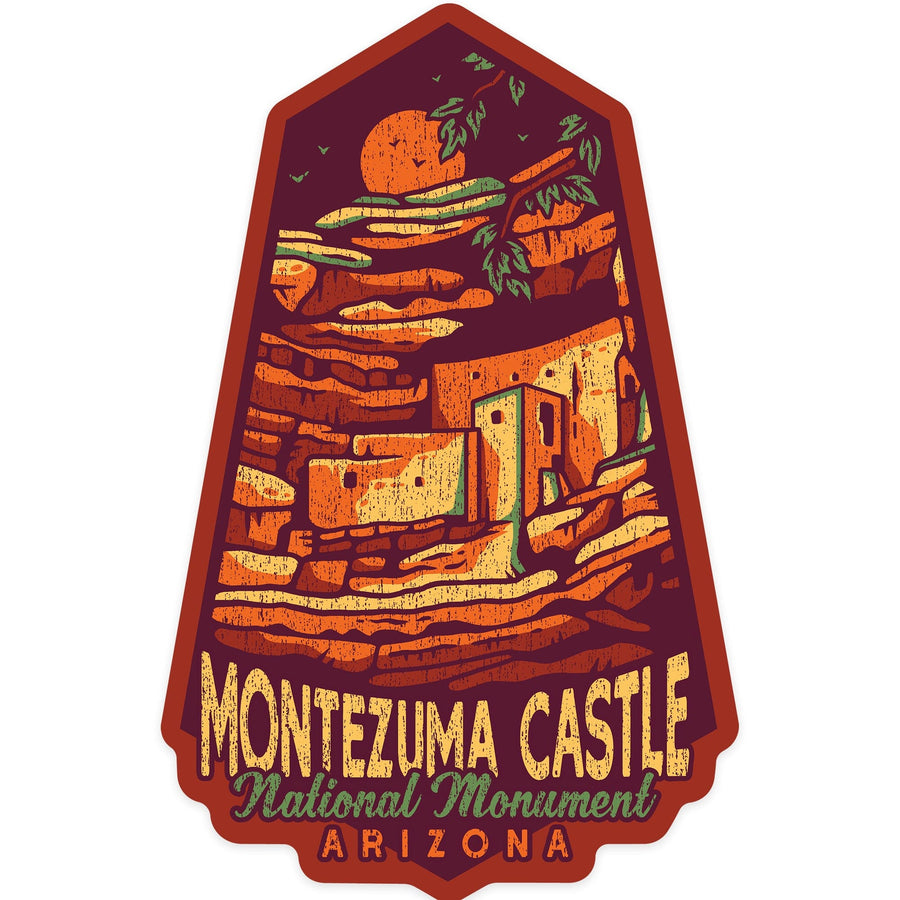 Montezuma Castle National Monument, Arizona, Distressed Vector, Contour, Vinyl Sticker Sticker Lantern Press 