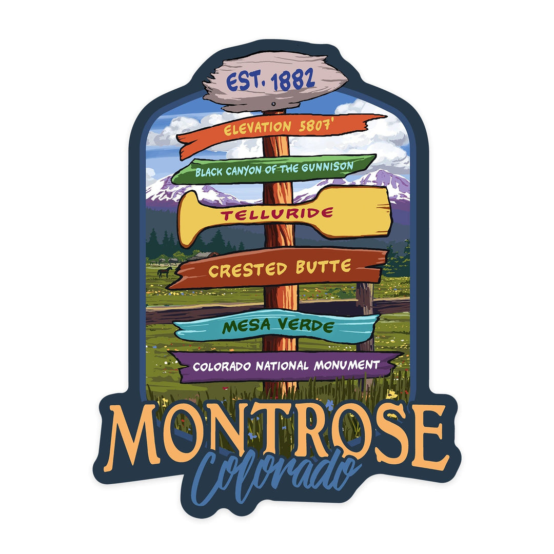 Montrose, Colorado, Destination Signpost, Contour, Vinyl Sticker Sticker Lantern Press 