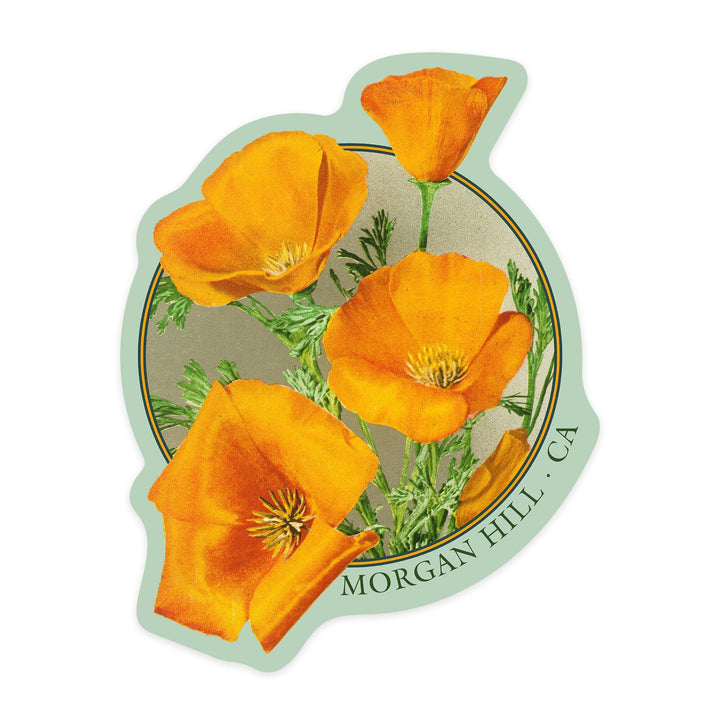 Morgan Hill, California, Poppy Flowers, Contour, Vinyl Sticker Sticker Lantern Press 