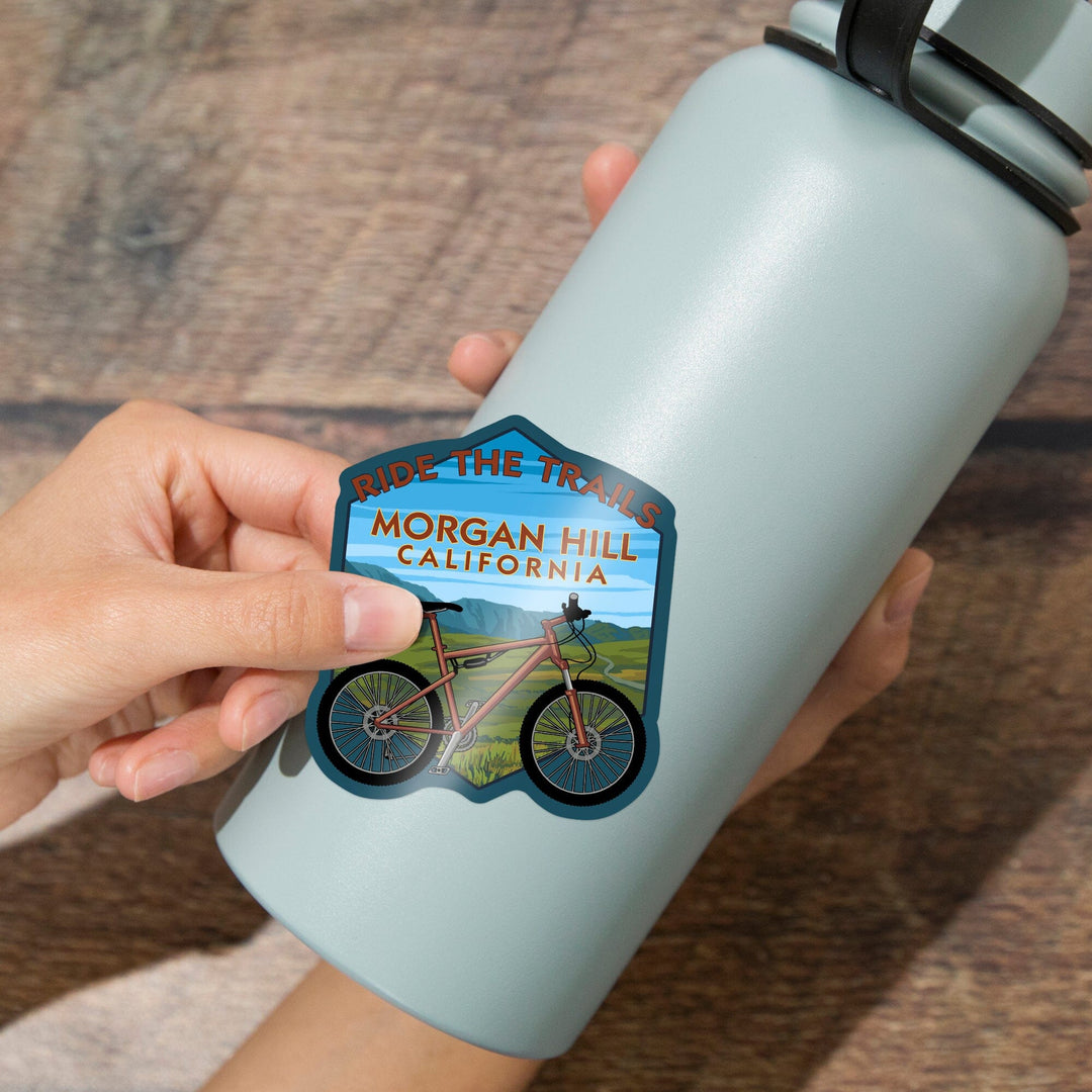 Morgan Hill, California, Ride the Trails, Mountain Bike, Contour, Vinyl Sticker Sticker Lantern Press 