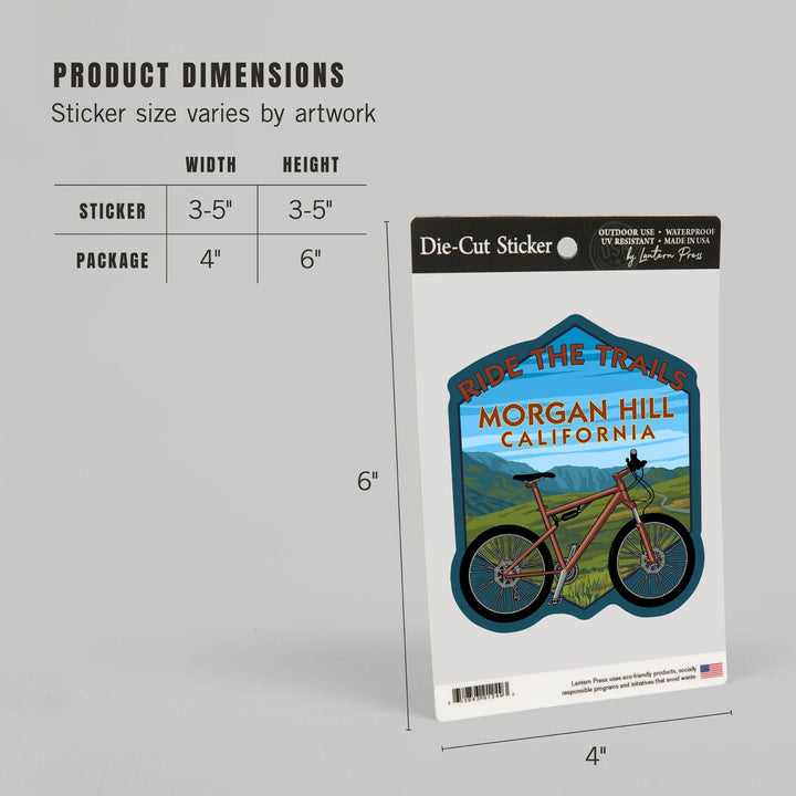 Morgan Hill, California, Ride the Trails, Mountain Bike, Contour, Vinyl Sticker Sticker Lantern Press 