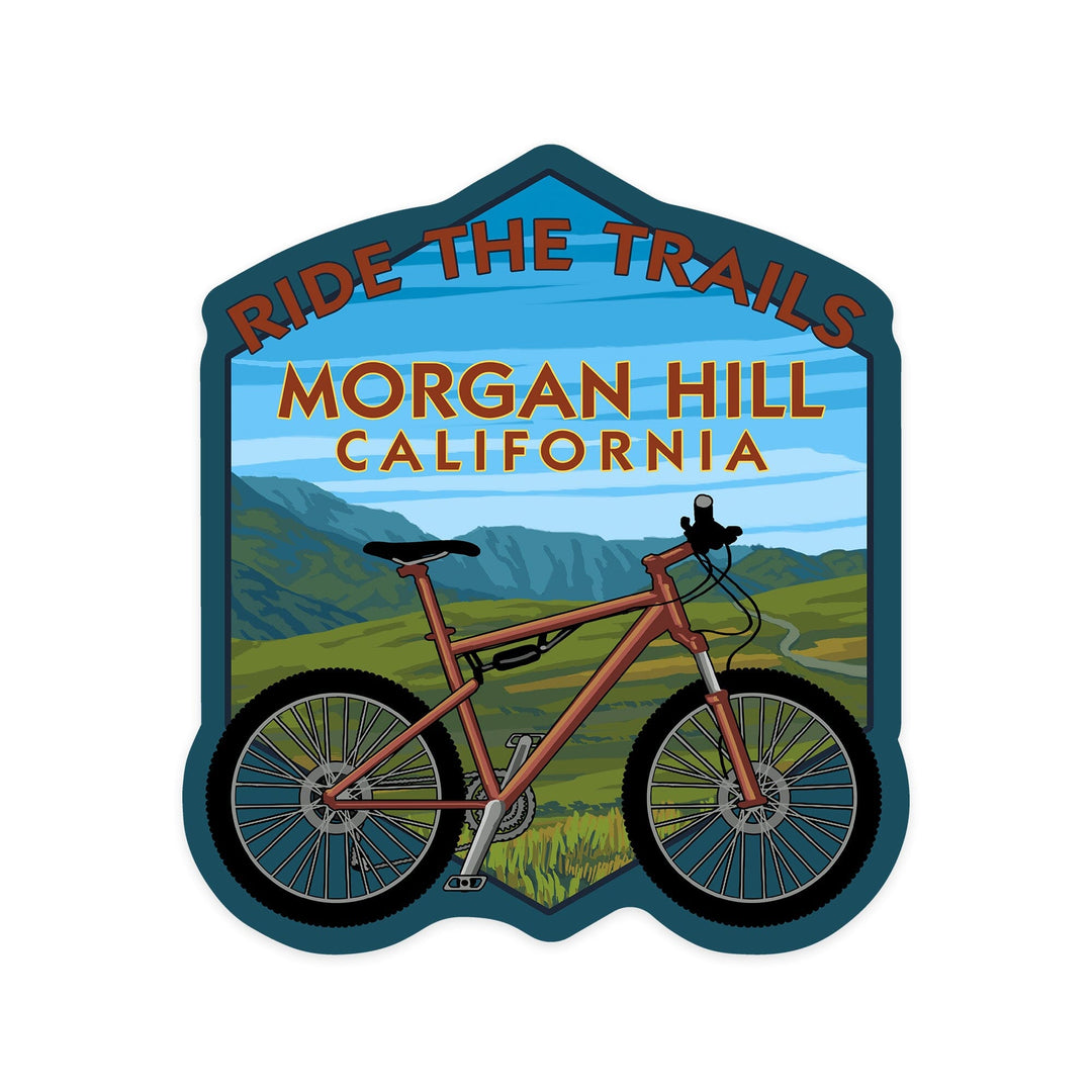 Morgan Hill, California, Ride the Trails, Mountain Bike, Contour, Vinyl Sticker Sticker Lantern Press 