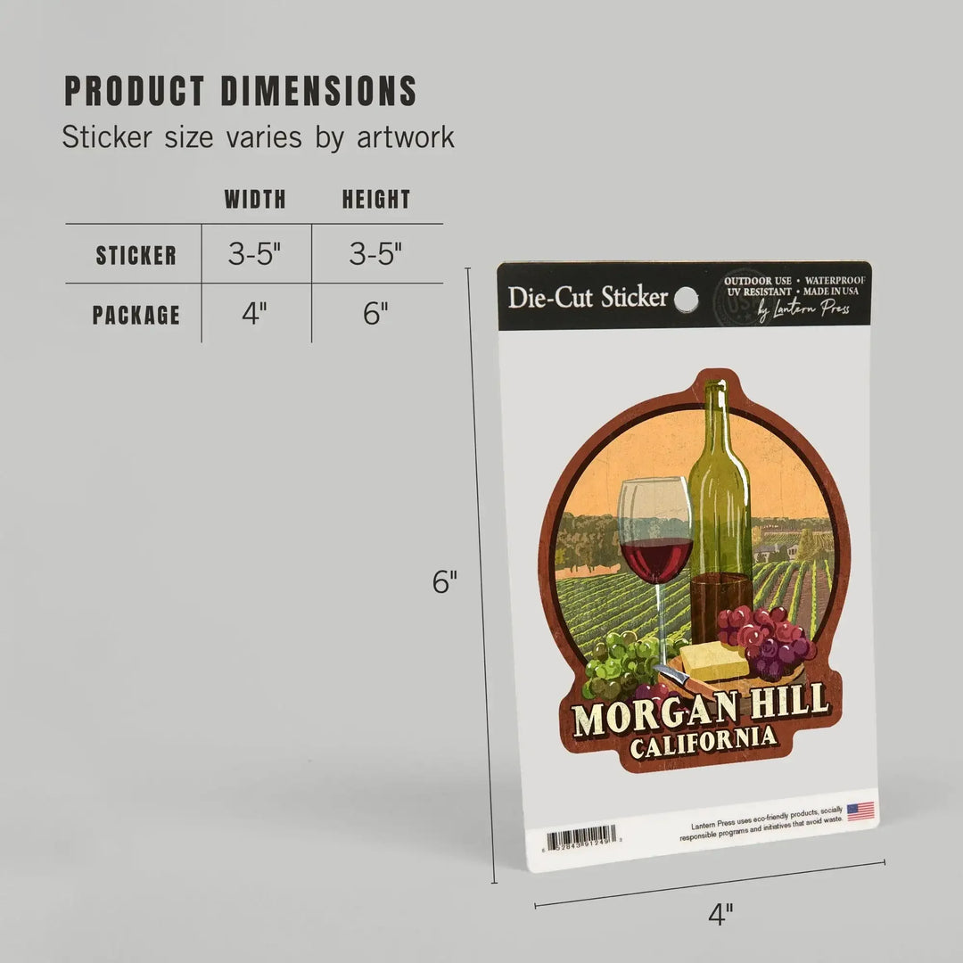 Morgan Hill, California, Wine Tasting Vintage Sign, Contour, Vinyl Sticker Sticker Lantern Press 