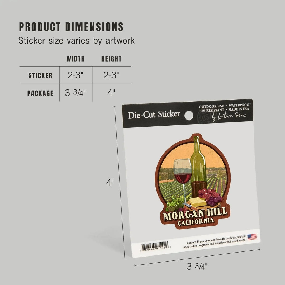 Morgan Hill, California, Wine Tasting Vintage Sign, Contour, Vinyl Sticker Sticker Lantern Press 