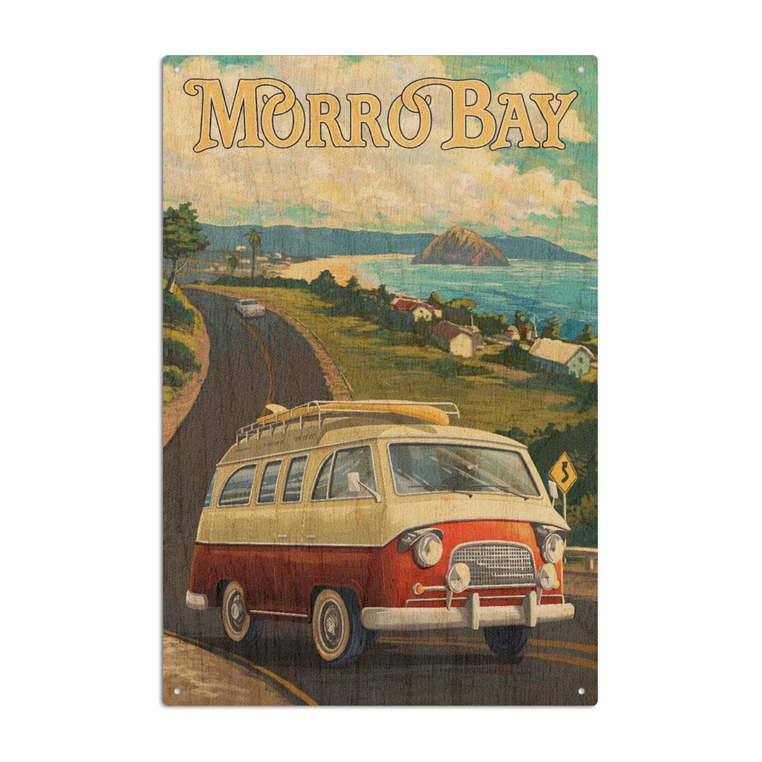 Morro Bay, California, Camper Van, Lantern Press Artwork, Wood Signs and Postcards Wood Lantern Press 6x9 Wood Sign 