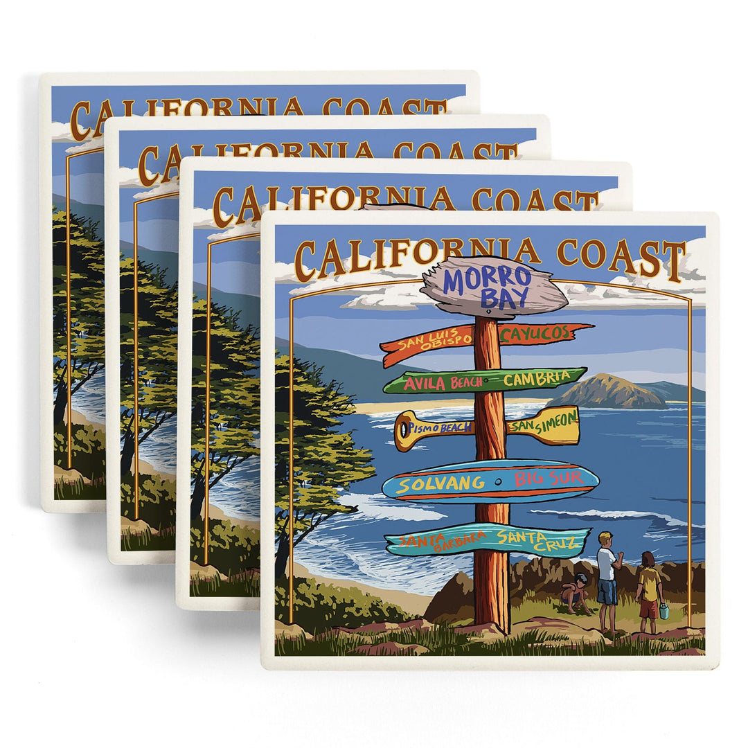 Morro Bay, California, Destinations Sign, Lantern Press Artwork, Coaster Set Coasters Lantern Press 