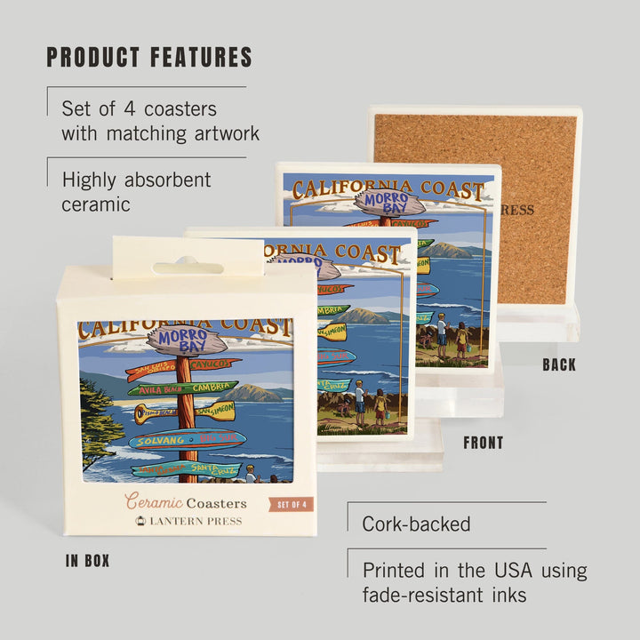 Morro Bay, California, Destinations Sign, Lantern Press Artwork, Coaster Set Coasters Lantern Press 