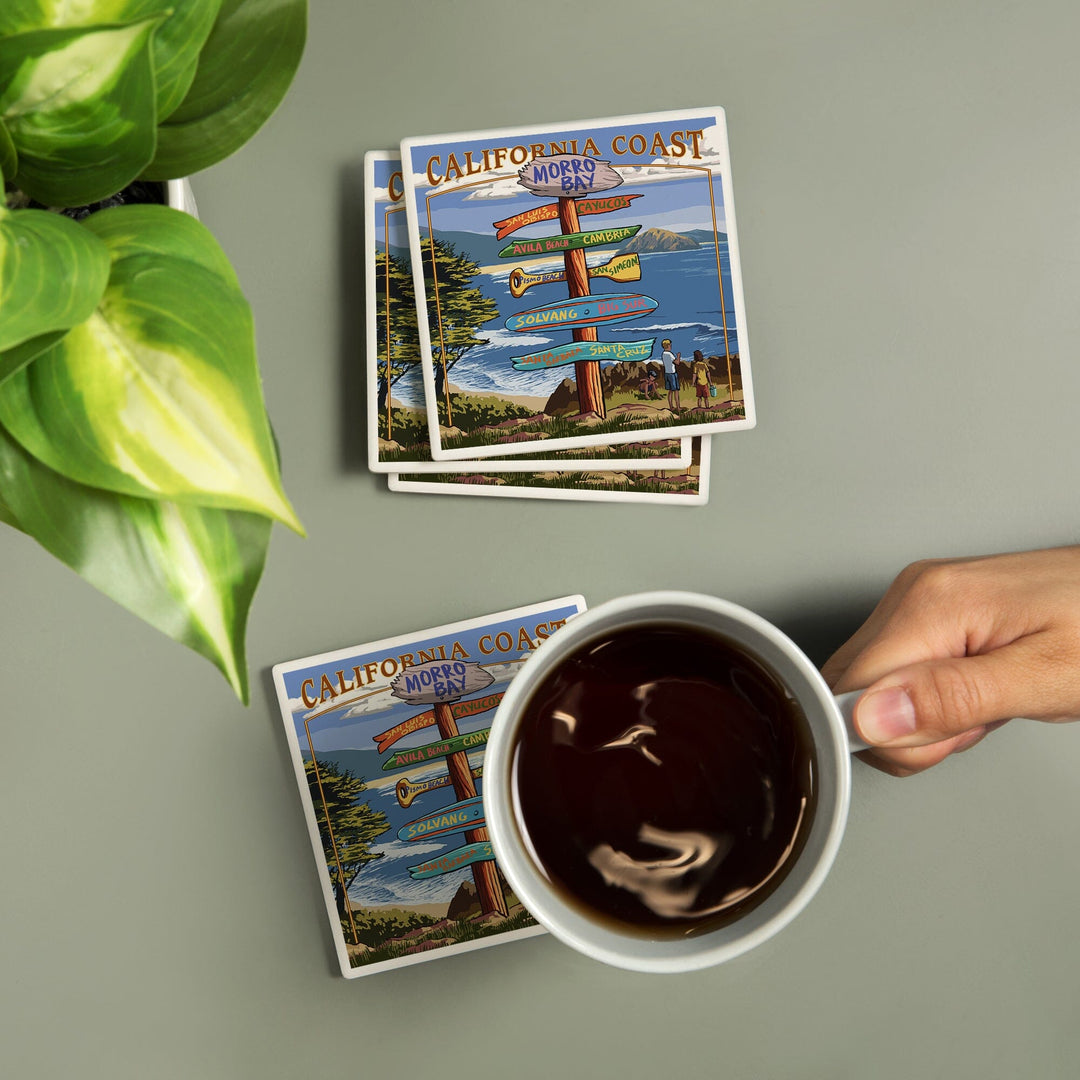 Morro Bay, California, Destinations Sign, Lantern Press Artwork, Coaster Set Coasters Lantern Press 