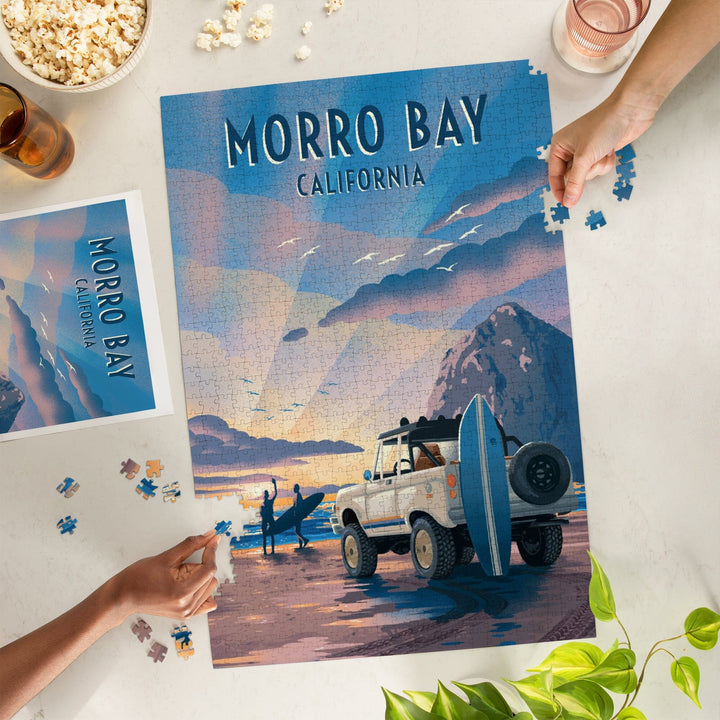 Morro Bay, California, Lithograph, Surfers on Beach, Jigsaw Puzzle Puzzle Lantern Press 