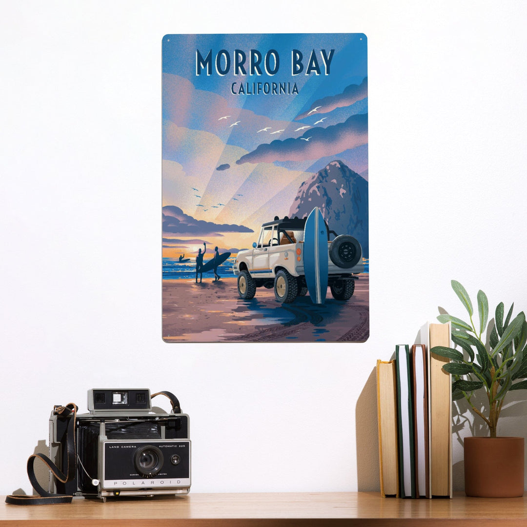 Morro Bay, California, Lithograph, Surfers on Beach, Metal Signs Metal Lantern Press 