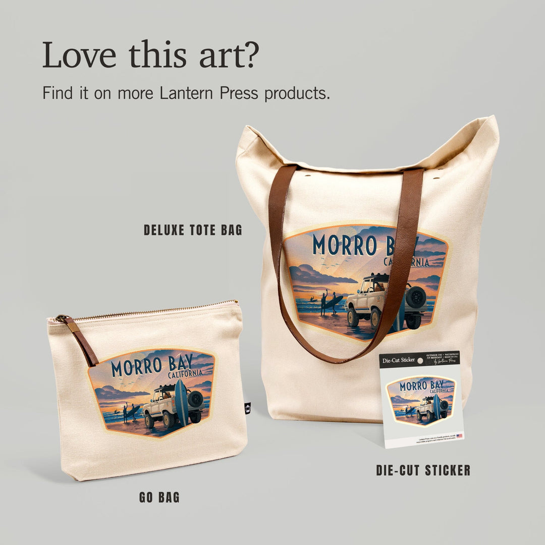 Morro Bay, California, Lithograph, Surfers on Beach,, Organic Cotton Zipper Pouch, Go Bag Totes Lantern Press 