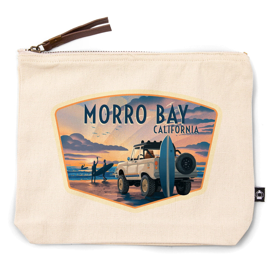 Morro Bay, California, Lithograph, Surfers on Beach,, Organic Cotton Zipper Pouch, Go Bag Totes Lantern Press 