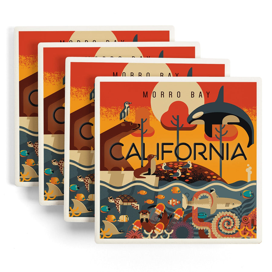 Morro Bay, California, Marine Animals, Geometric, Lantern Press Artwork, Coaster Set Coasters Lantern Press 