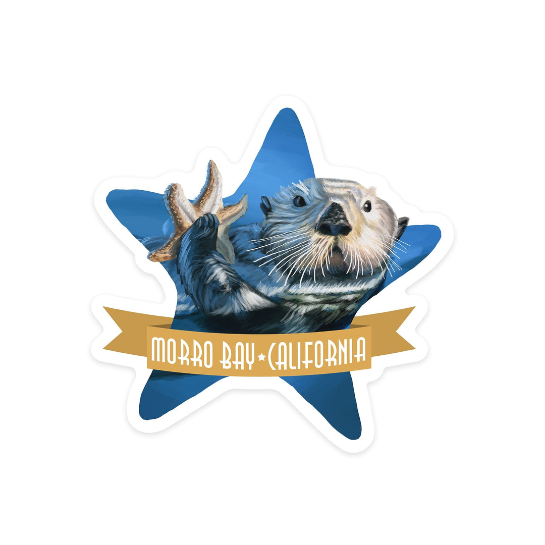 Morro Bay, California, Otter with Starfish, Contour, Lantern Press Artwork, Vinyl Sticker Sticker Lantern Press 