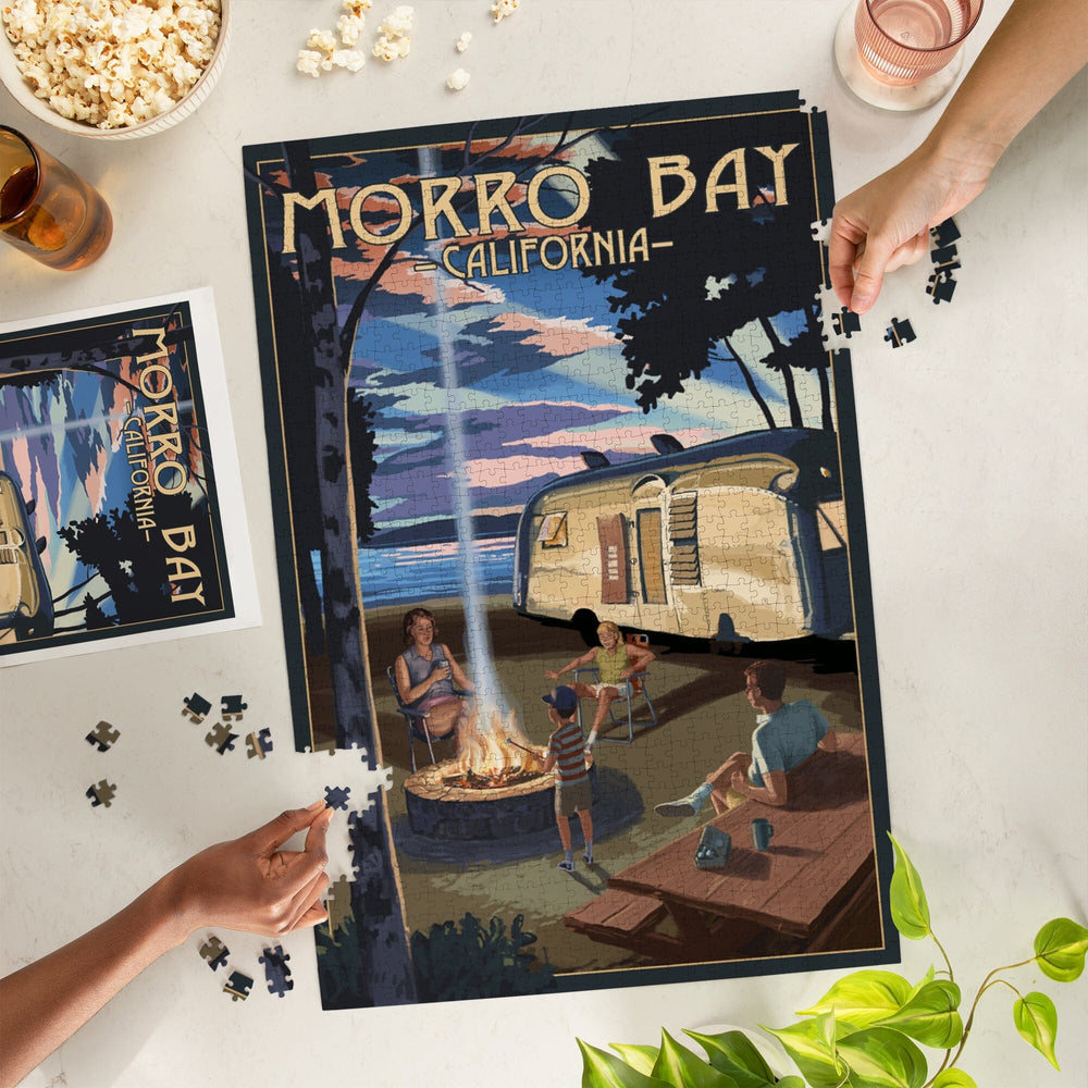Morro Bay, California, Retro Camper and Lake with Bear Family Puzzle Lantern Press 