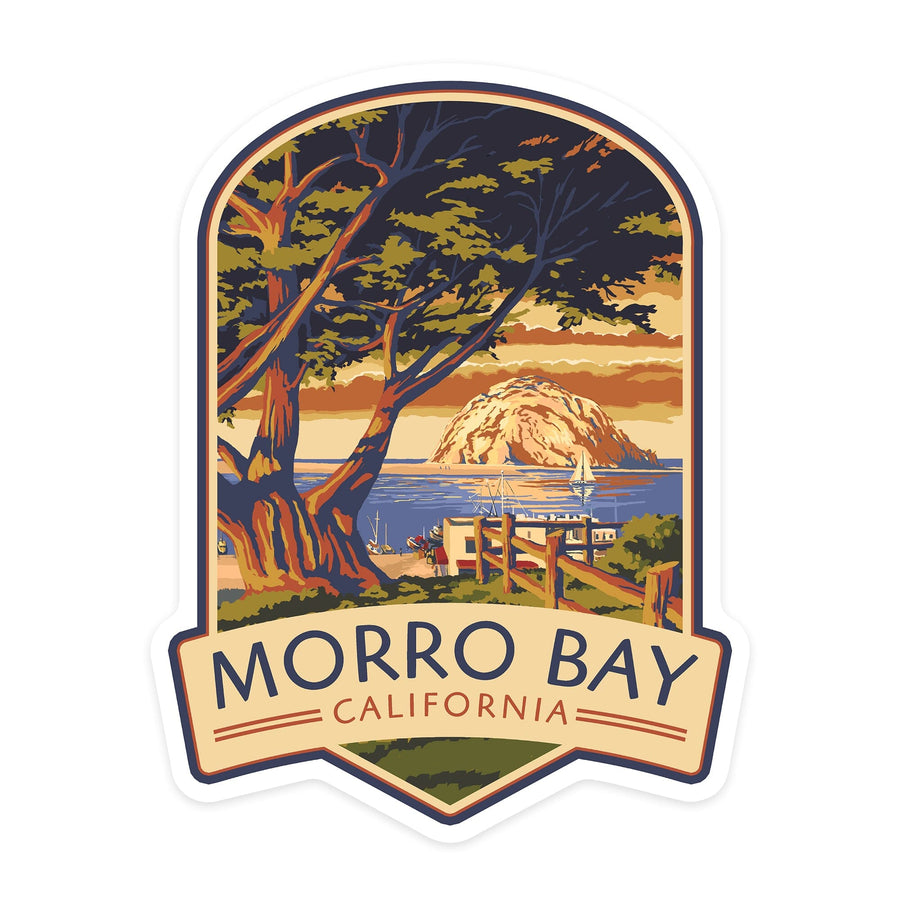 Morro Bay, California, Town View with Morro Rock, Contour, Lantern Press Artwork, Vinyl Sticker Sticker Lantern Press 