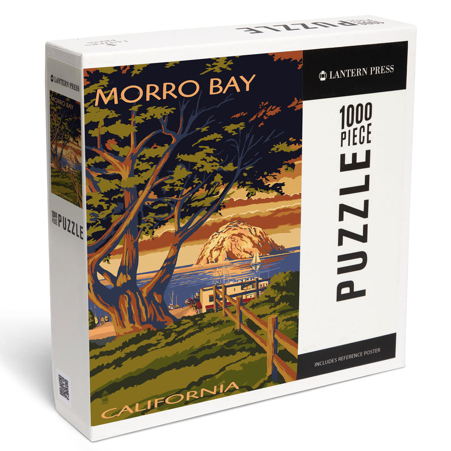 Morro Bay, California, Town View with Morro Rock, Jigsaw Puzzle Puzzle Lantern Press 
