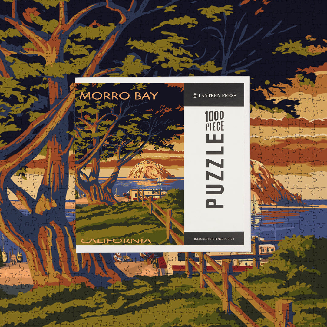 Morro Bay, California, Town View with Morro Rock, Jigsaw Puzzle Puzzle Lantern Press 