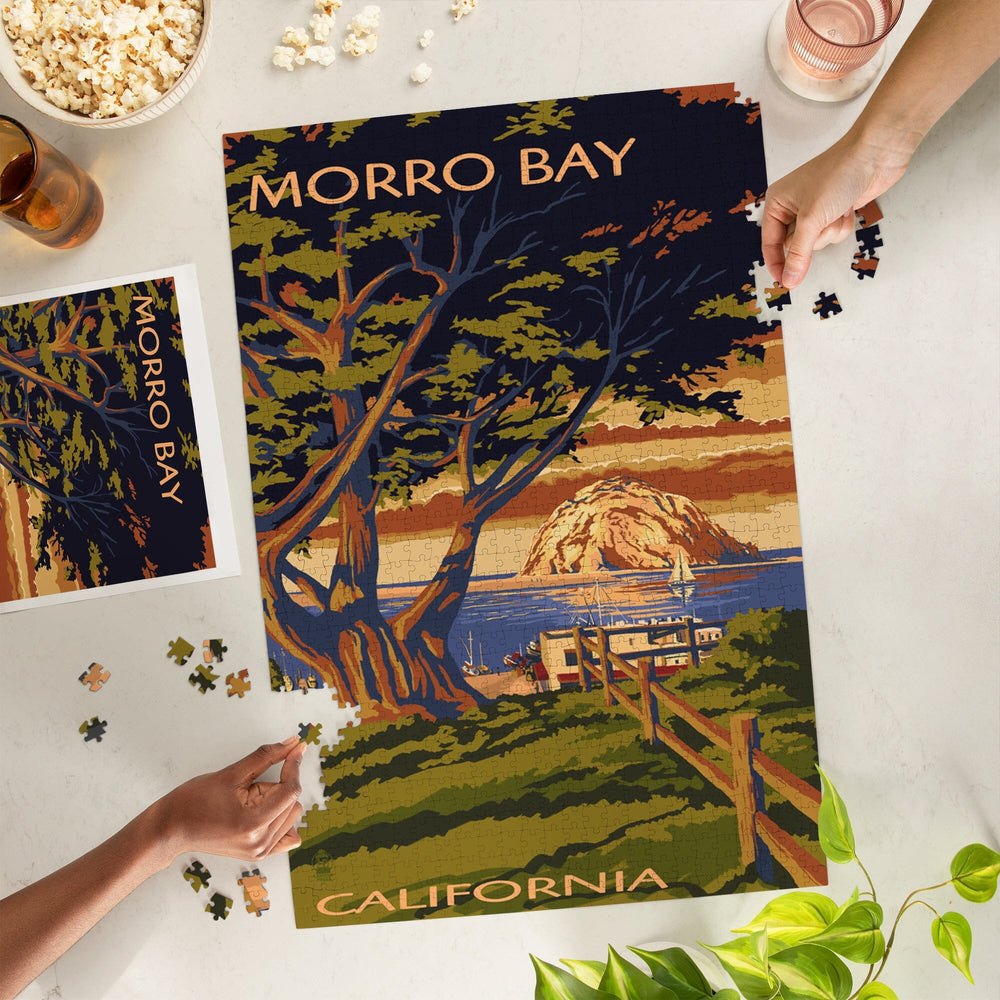 Morro Bay, California, Town View with Morro Rock, Jigsaw Puzzle Puzzle Lantern Press 