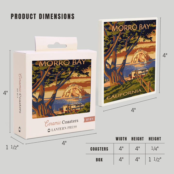 Morro Bay, California, Town View with Morro Rock, Lantern Press Artwork, Coaster Set Coasters Lantern Press 