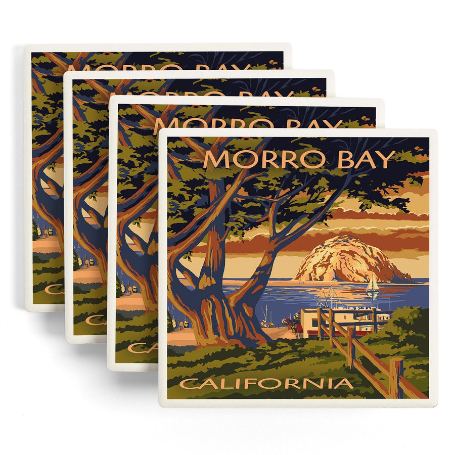 Morro Bay, California, Town View with Morro Rock, Lantern Press Artwork, Coaster Set Coasters Lantern Press 