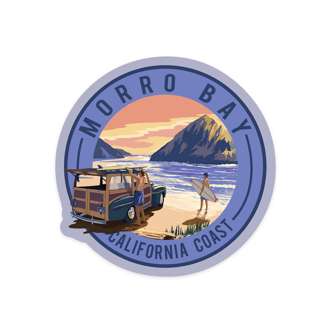 Morro Bay, California, Woody and Surfers on the Beach, Contour, Lantern Press Artwork, Vinyl Sticker Sticker Lantern Press 