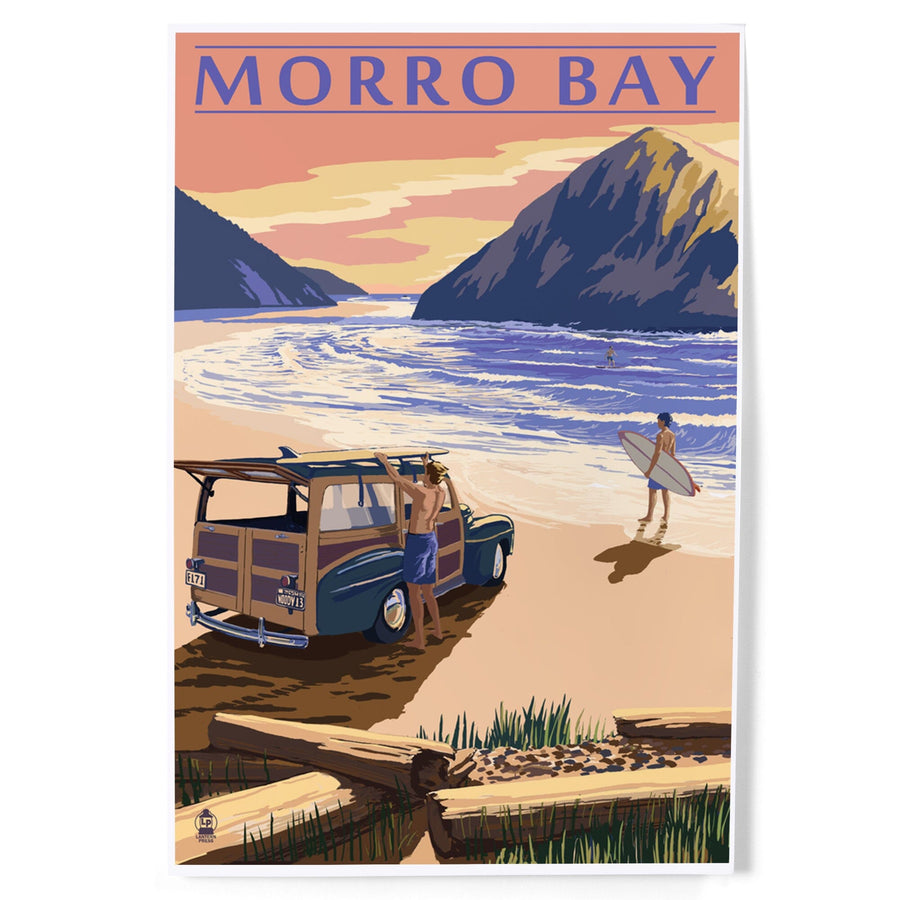 Morro Bay, California, Woody on Beach with Surfer, Art & Giclee Prints Art Lantern Press 