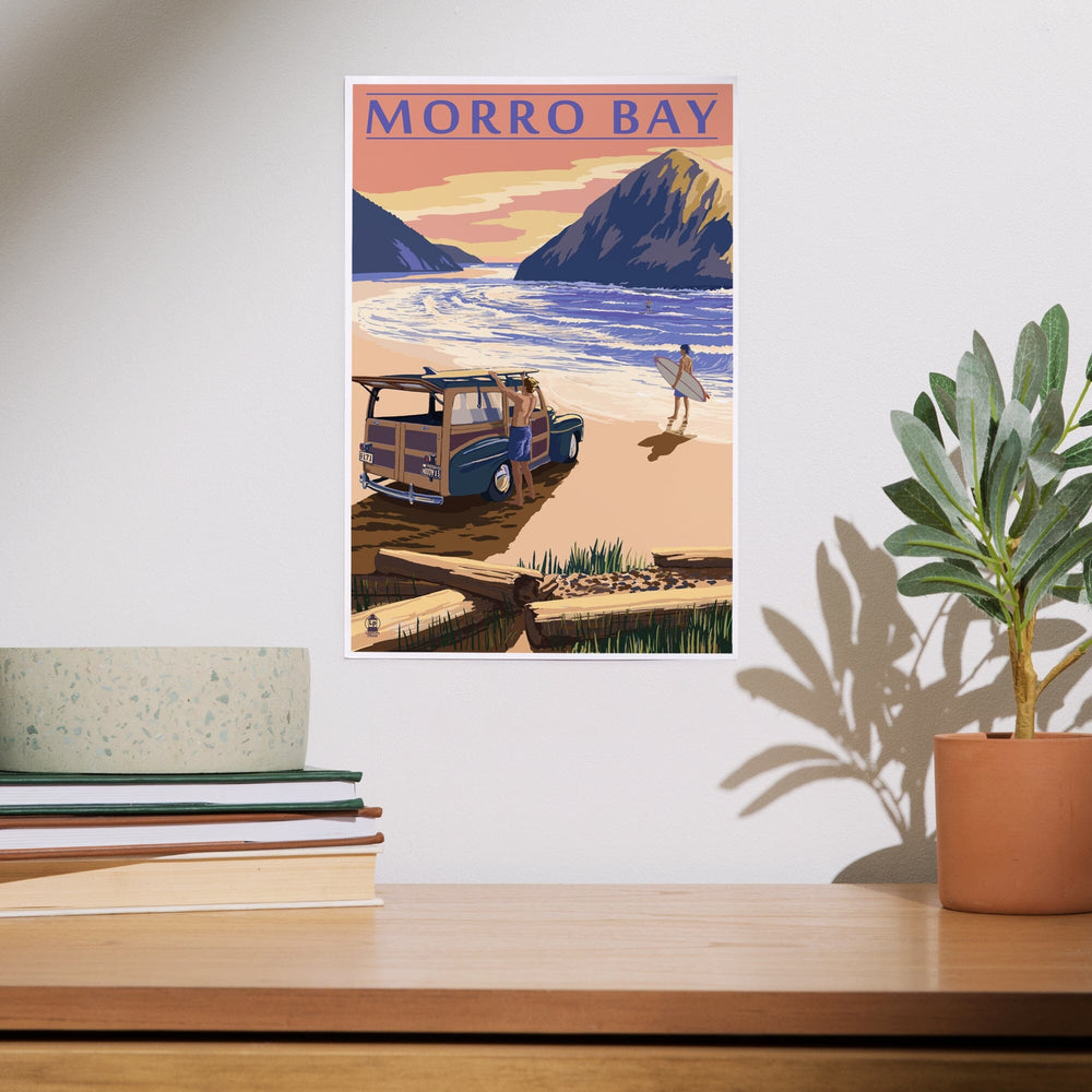 Morro Bay, California, Woody on Beach with Surfer, Art & Giclee Prints Art Lantern Press 