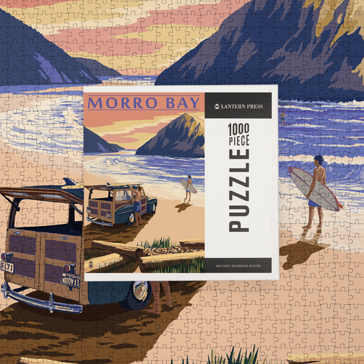 Morro Bay, California, Woody on Beach with Surfer, Jigsaw Puzzle Puzzle Lantern Press 