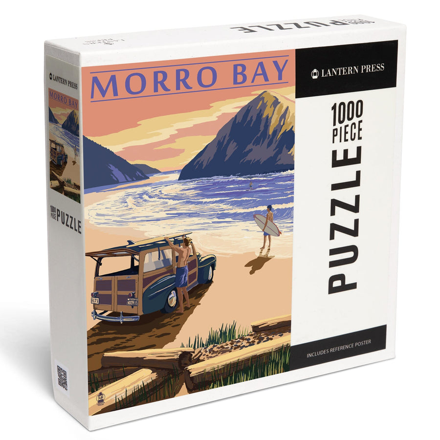 Morro Bay, California, Woody on Beach with Surfer, Jigsaw Puzzle Puzzle Lantern Press 