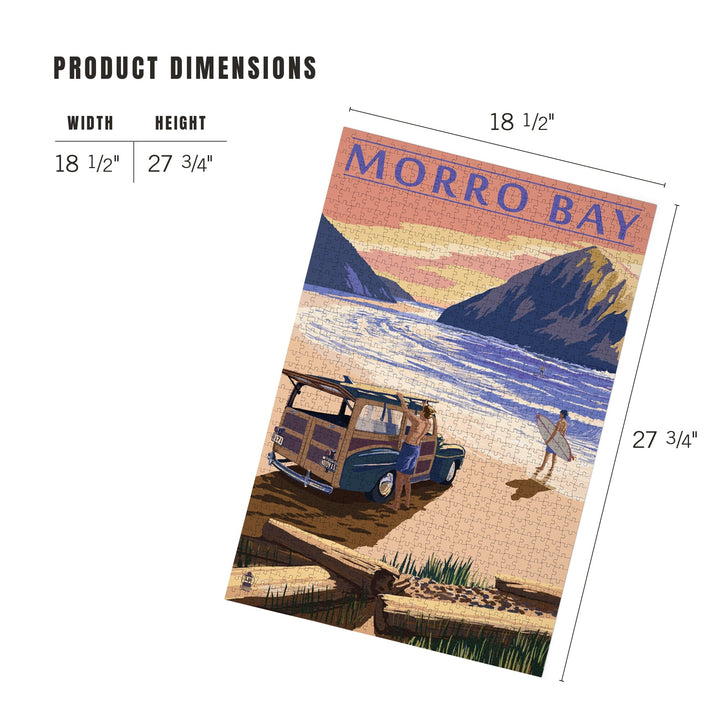 Morro Bay, California, Woody on Beach with Surfer, Jigsaw Puzzle Puzzle Lantern Press 