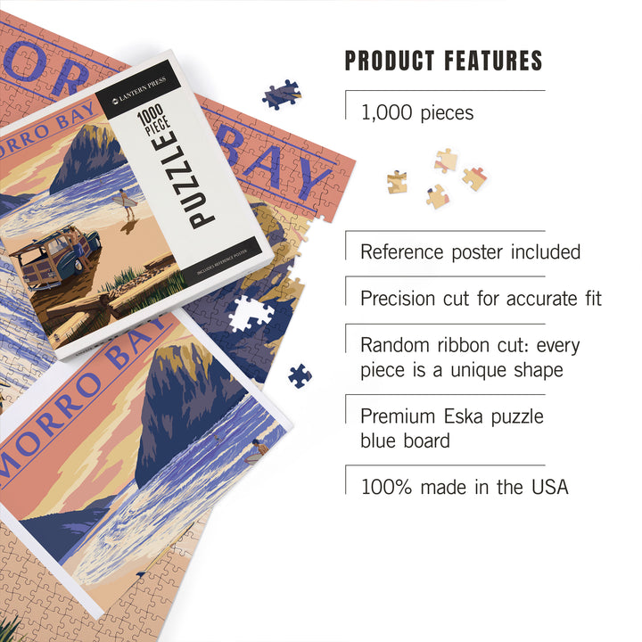 Morro Bay, California, Woody on Beach with Surfer, Jigsaw Puzzle Puzzle Lantern Press 