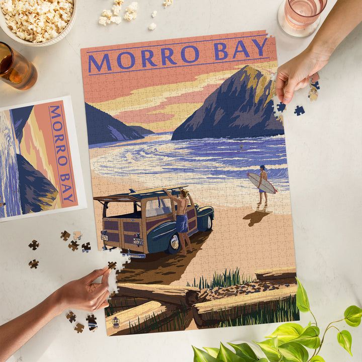 Morro Bay, California, Woody on Beach with Surfer, Jigsaw Puzzle Puzzle Lantern Press 