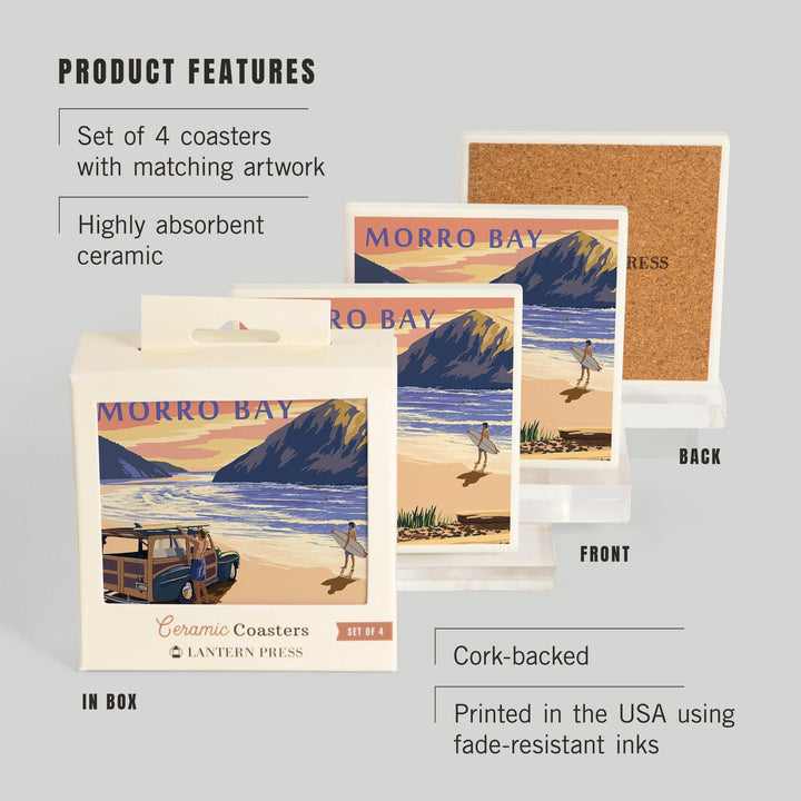 Morro Bay, California, Woody on Beach with Surfer, Lantern Press Artwork, Coaster Set Coasters Lantern Press 