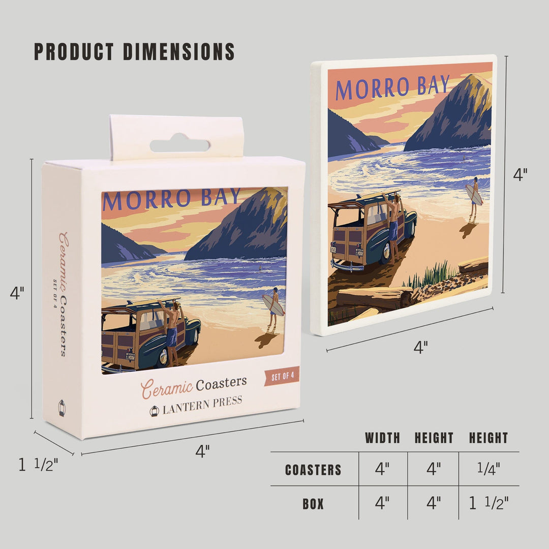 Morro Bay, California, Woody on Beach with Surfer, Lantern Press Artwork, Coaster Set Coasters Lantern Press 