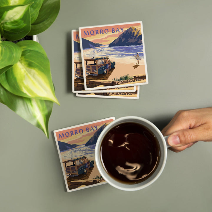 Morro Bay, California, Woody on Beach with Surfer, Lantern Press Artwork, Coaster Set Coasters Lantern Press 