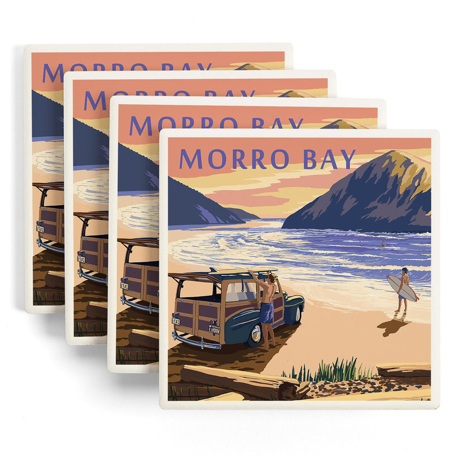 Morro Bay, California, Woody on Beach with Surfer, Lantern Press Artwork, Coaster Set Coasters Lantern Press 