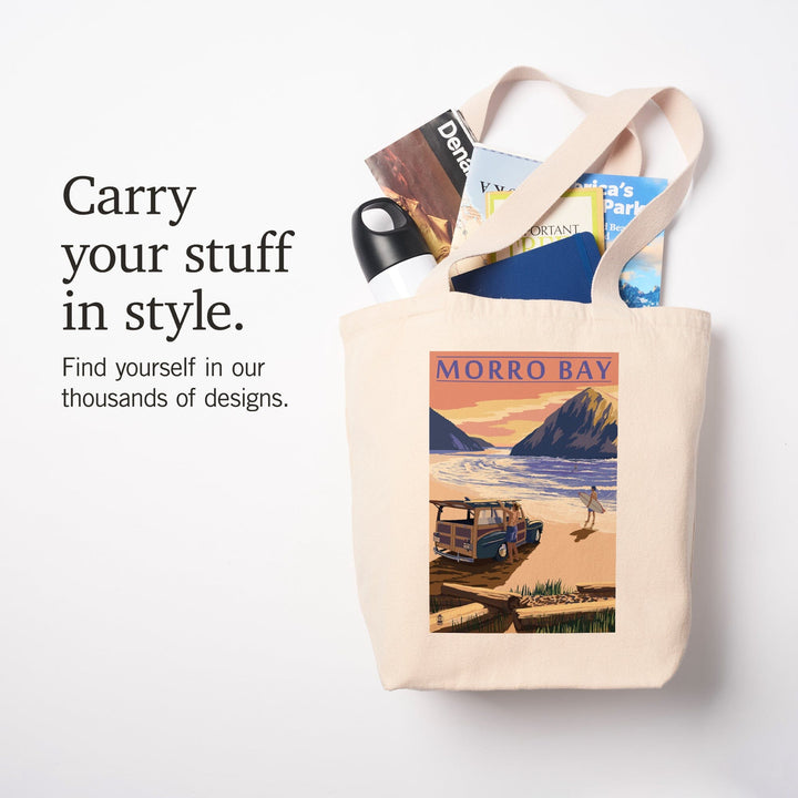 Morro Bay, California, Woody on Beach with Surfer, Tote Bag Totes Lantern Press 